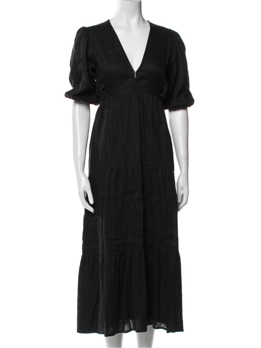 Faithfull The Brand Black Linen V-Neck Puff Sleeve Midi Dress